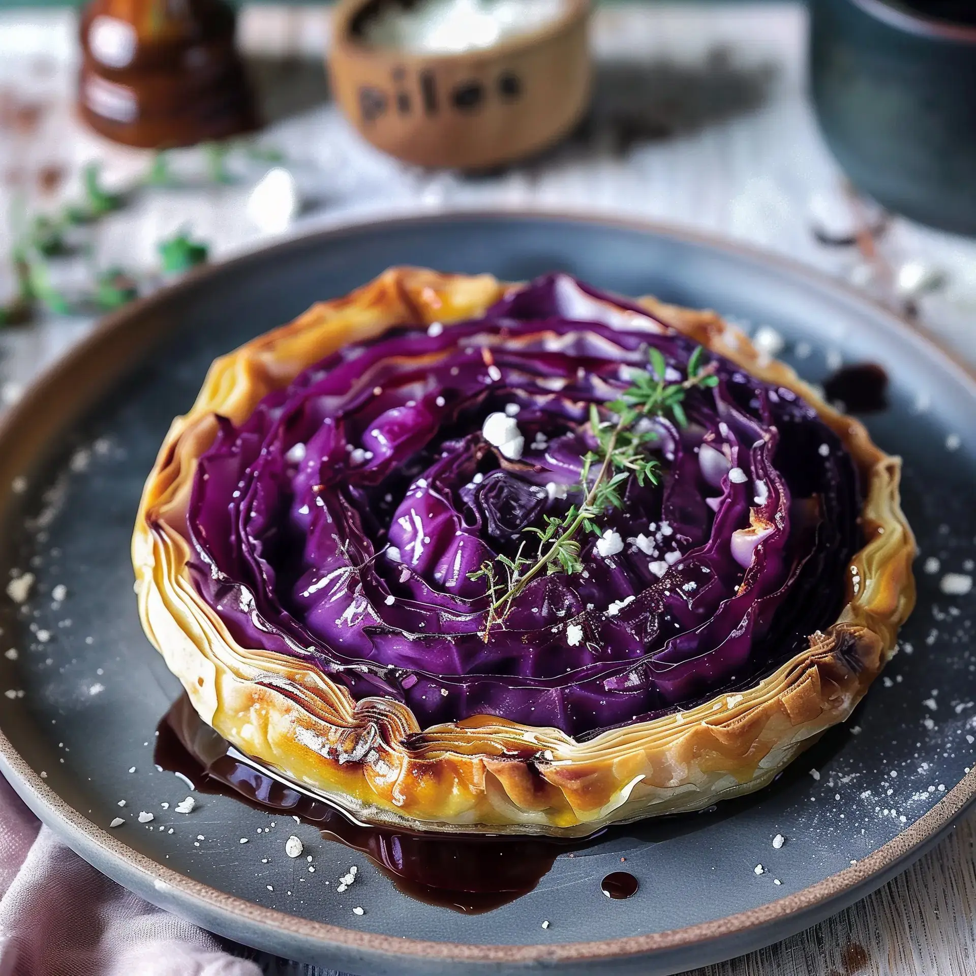 Un plat de chou rouge caramélisé avec des feuilles de thym et de la feta, présenté élégamment.