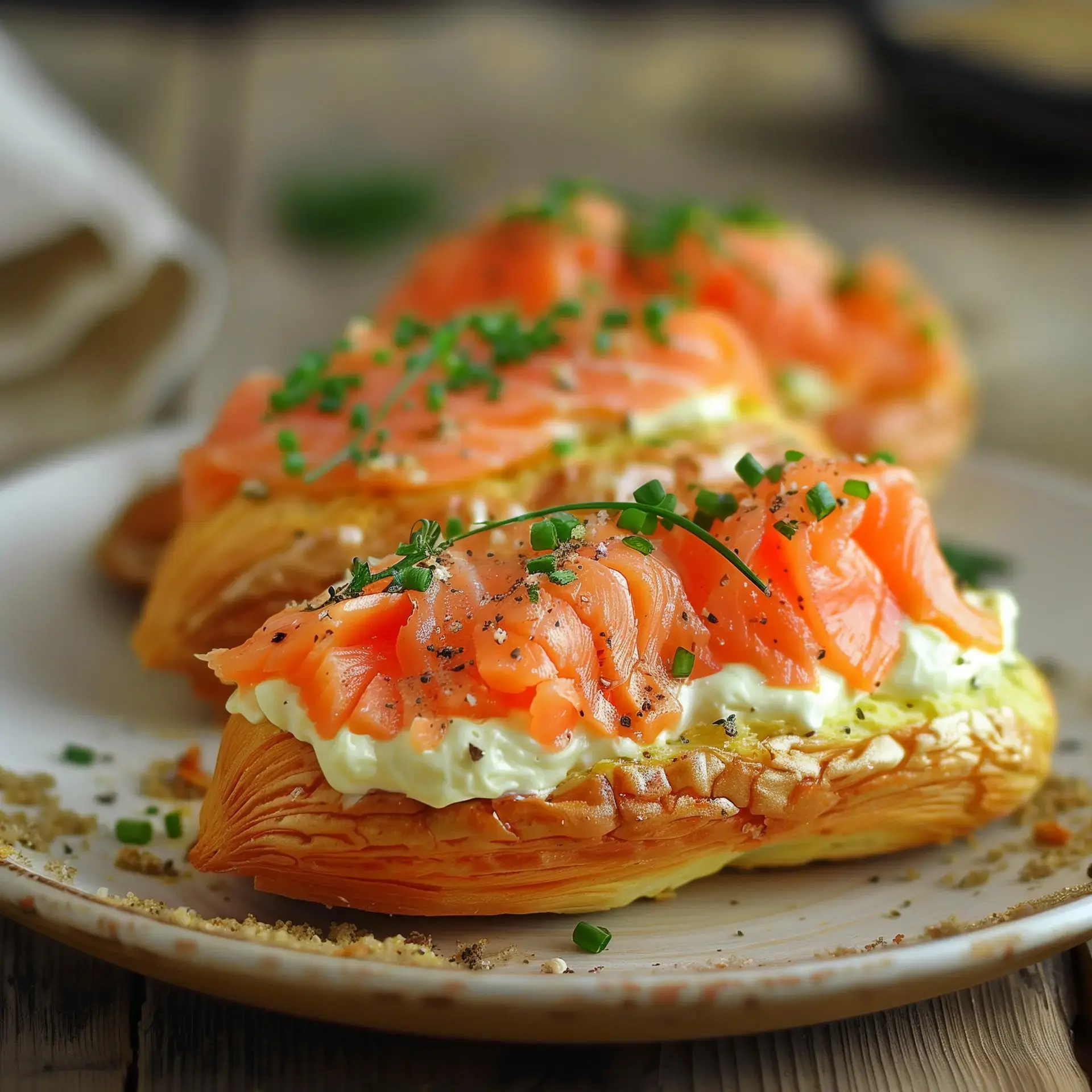 Des éclairs généreusement garnis de saumon et crème fraîche, accompagnés d'herbes pour la touche finale.