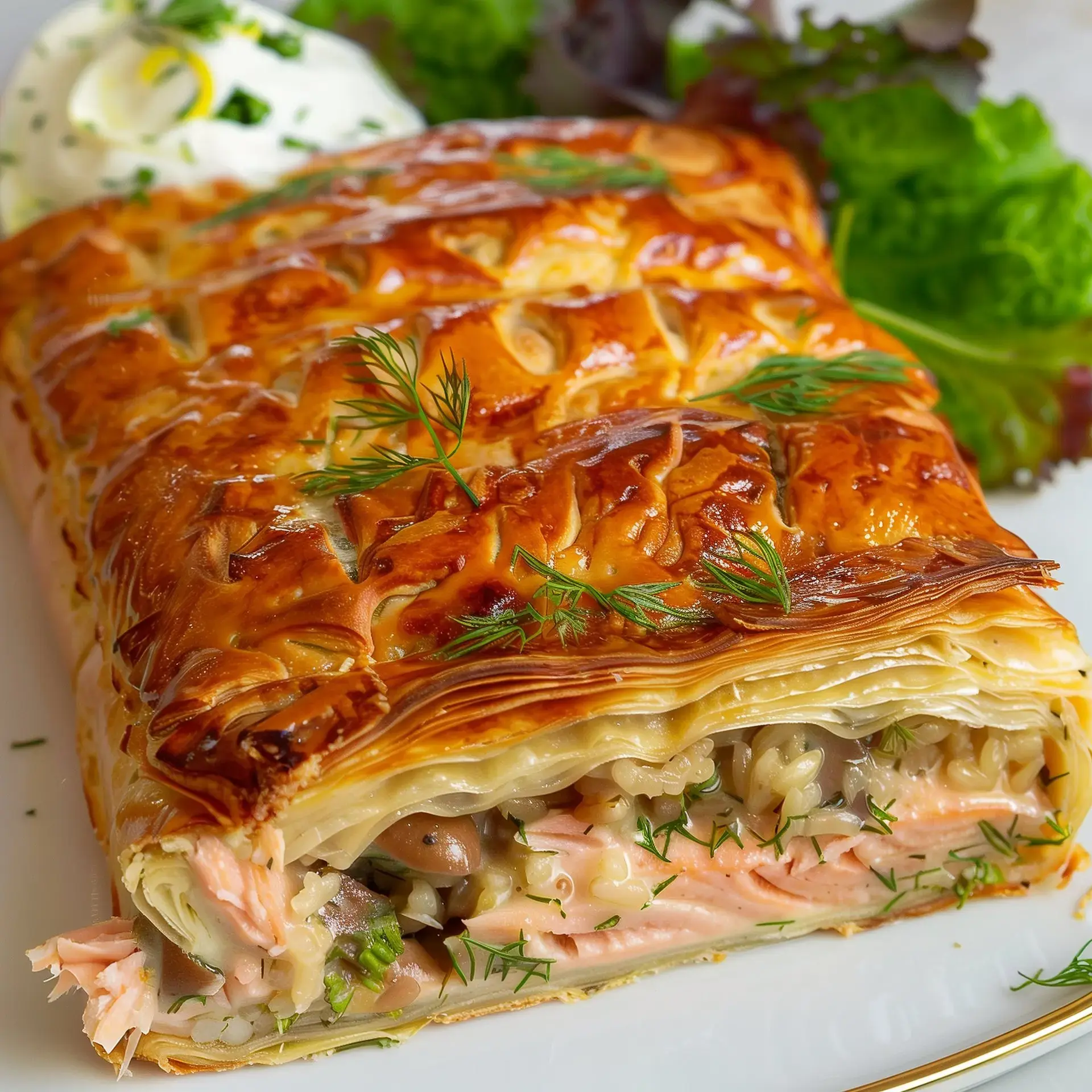 Grosse tourte garnie de saumon, riz, herbes et champignons, servie avec salade et crème fraîche.