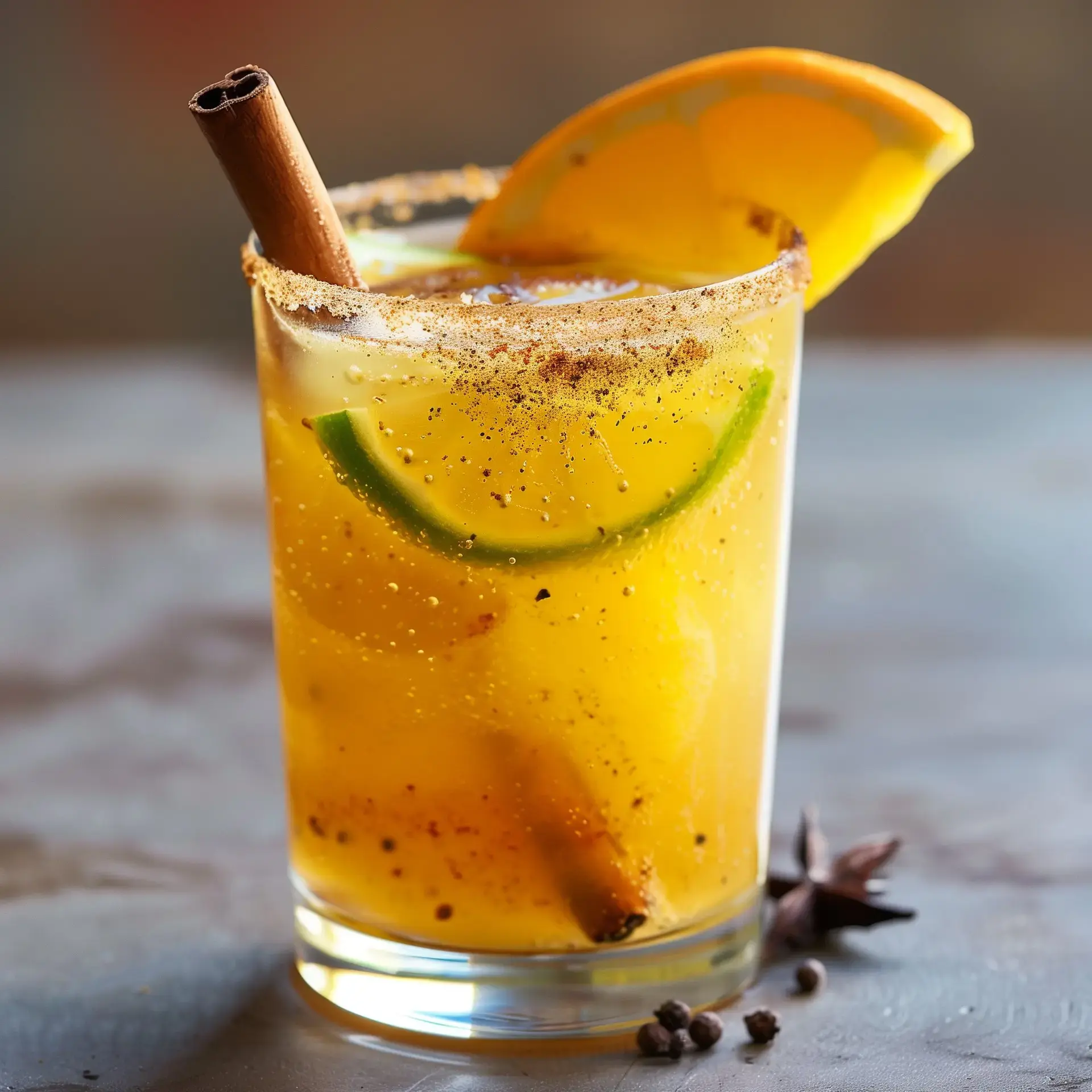 Un verre élégant de cocktail fruité orné d'une tranche d'orange, un quartier de lime et un bâton de cannelle.