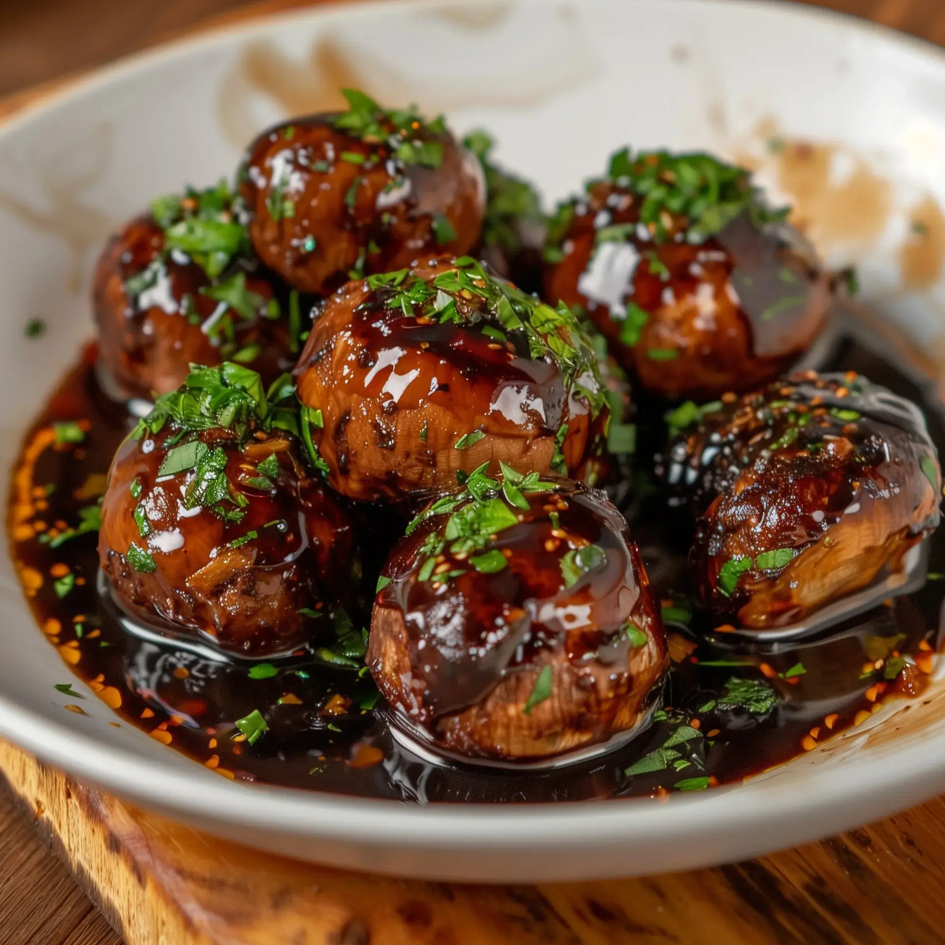 Un bol de champignons nappés de sauce sombre et parsemés de ciboulette hachée.