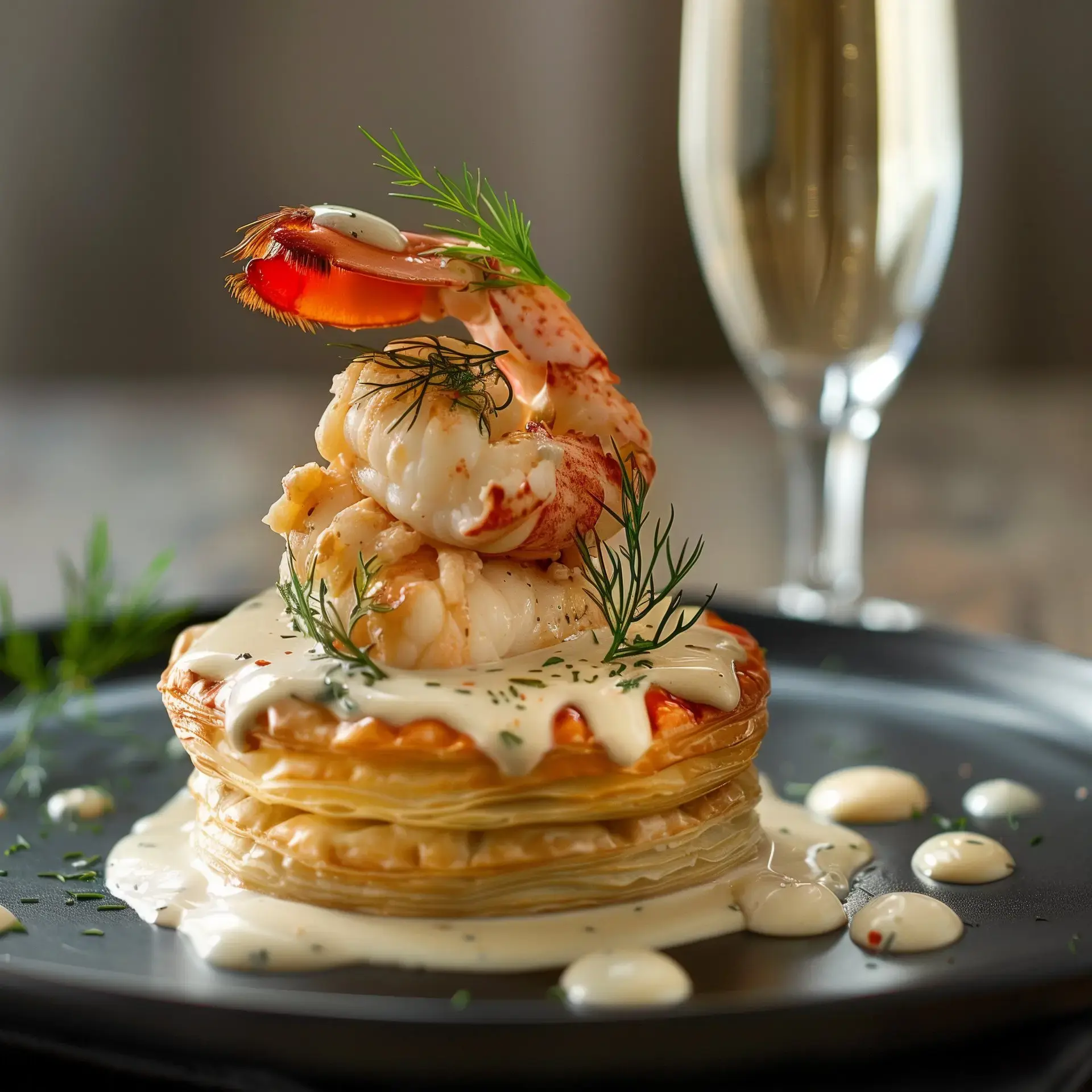 Un plat sophistiqué avec des feuilletés dorés garnis de fruits de mer, arrosés d'une sauce douce et décorés d'aneth, accompagné d'un verre de champagne.