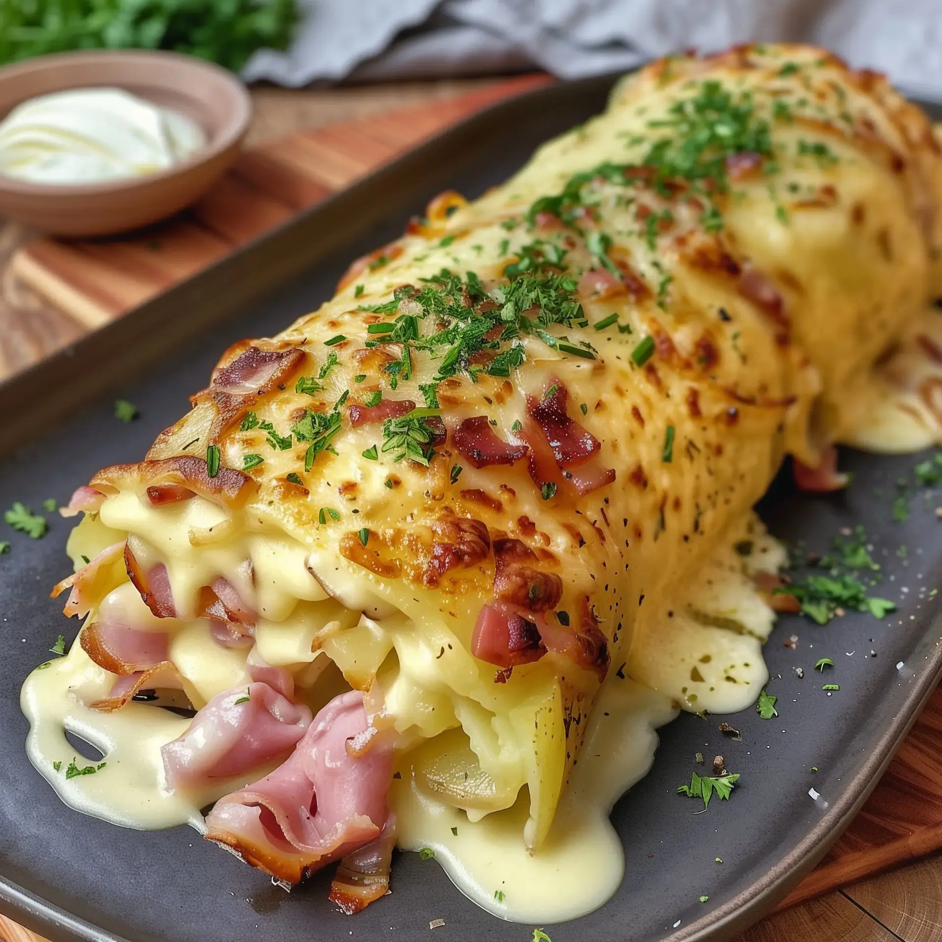 Un plat gourmand avec des pommes de terre et du fromage fondu doré par-dessus, présenté sur une belle assiette.