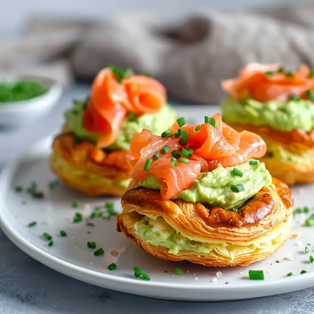Choux garnis de saumon fumé et crème d'avocat, parsemés de ciboulette, servis dans une assiette blanche.