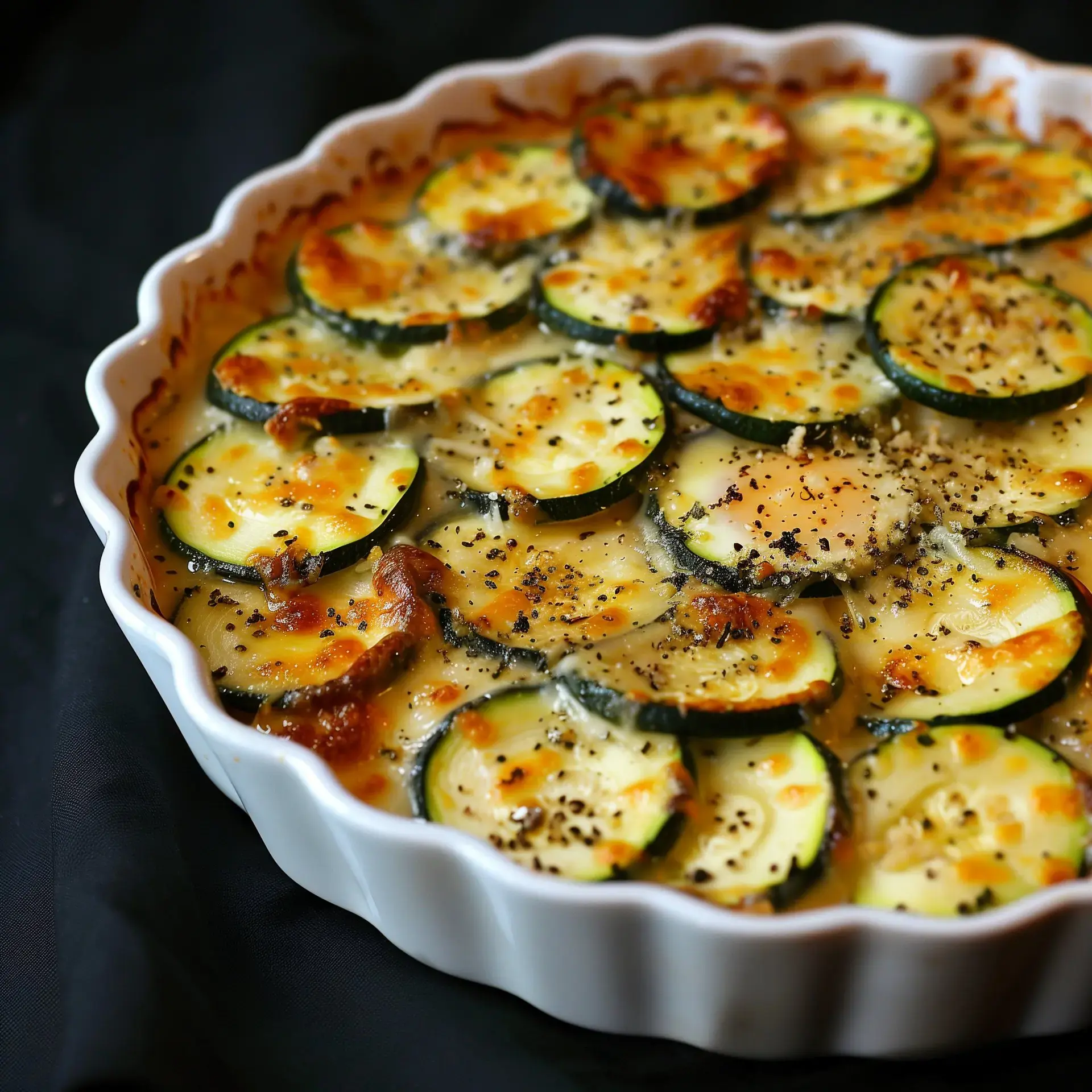 Plat au four de courgettes gratinées avec du fromage crémeux et des épices.