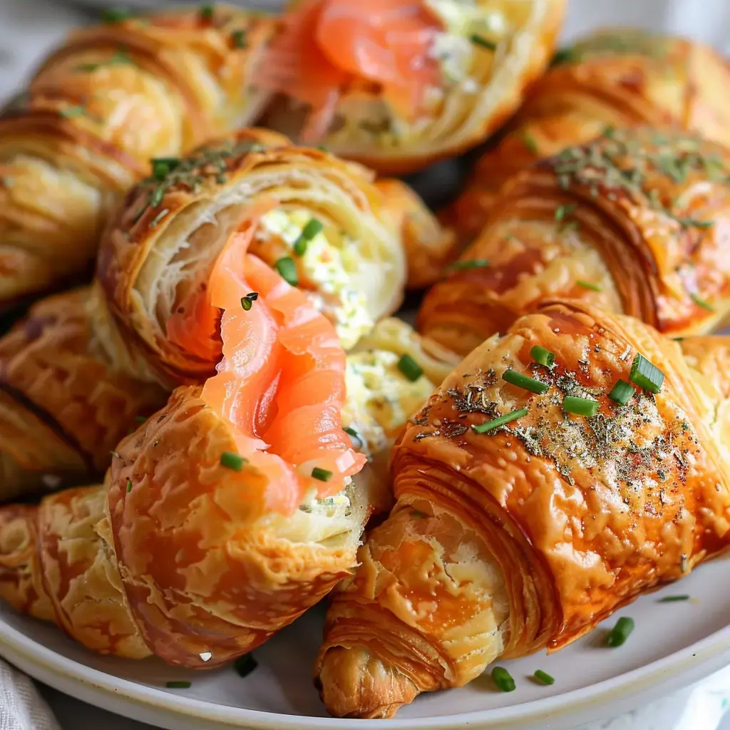 Petits croissants dorés garnis de saumon fumé et décorés de ciboulette fraîche.