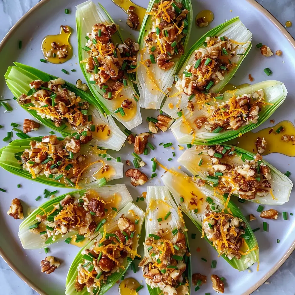 Feuilles d'endive garnies de chèvre, noix, miel et zestes, déposées sur une assiette élégante.