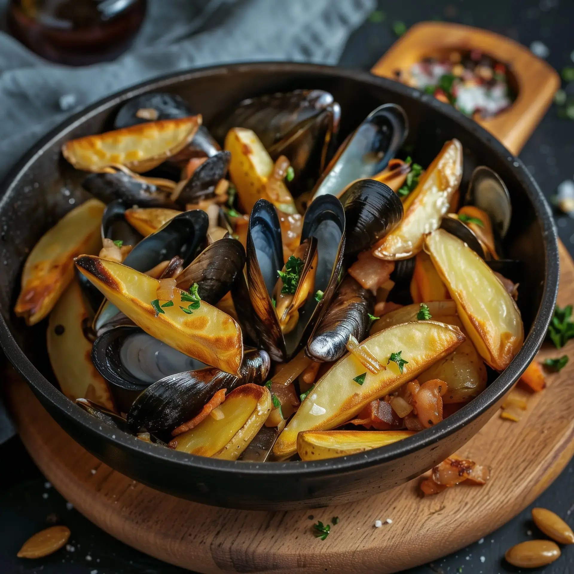 Des moules appétissantes avec des pommes de terre, persil frais en garniture, dans un bol noir sur une planche rustique.