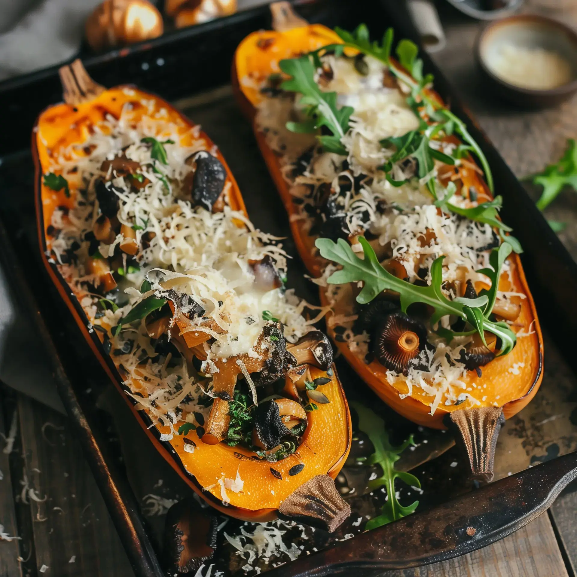 Deux moitiés de courge butternut rôties garnies de morilles, parmesan et herbes, servies dans un plat.