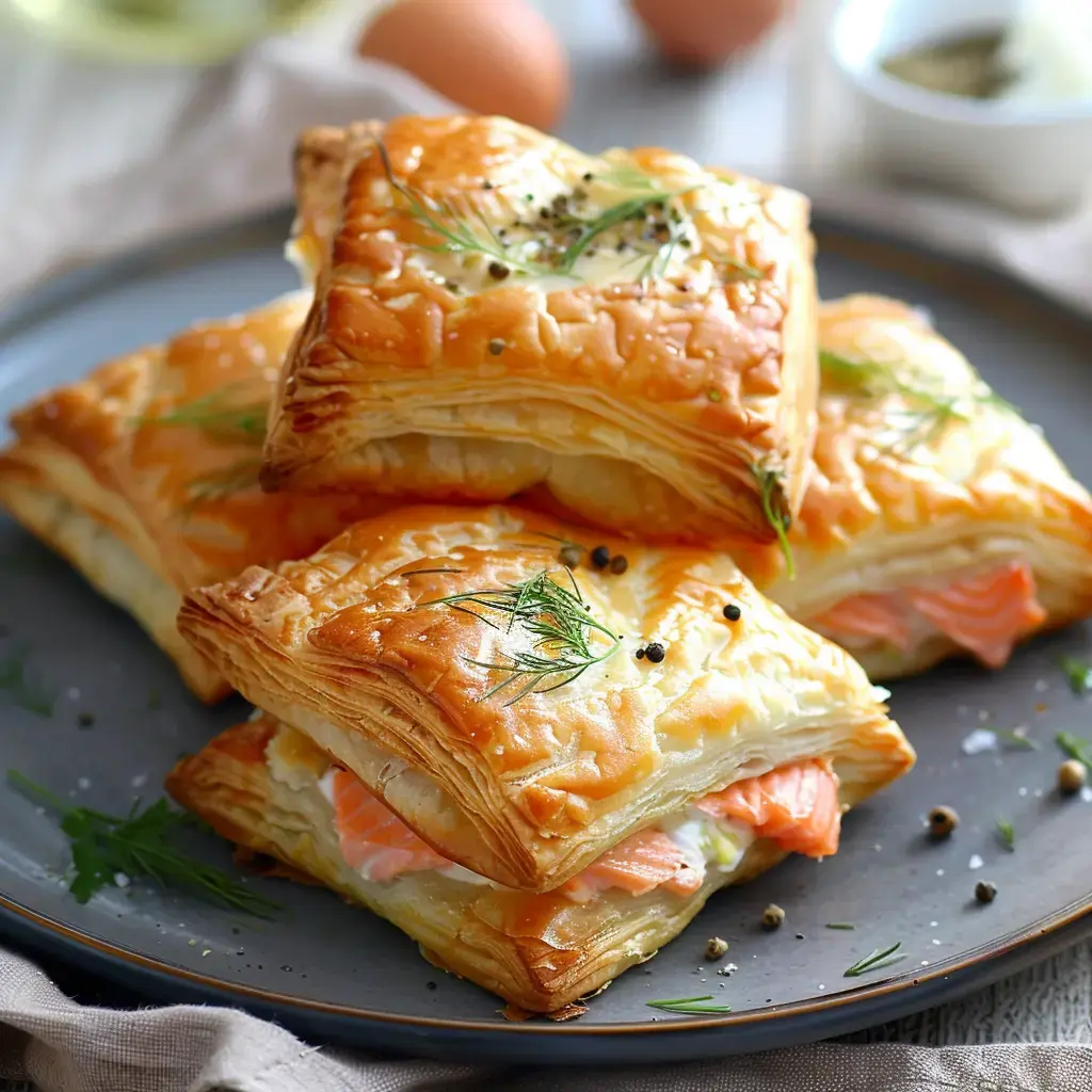 Quatre petits feuilletés dorés farcis de saumon, décorés avec de l'aneth et du poivre, posés sur une assiette élégante.