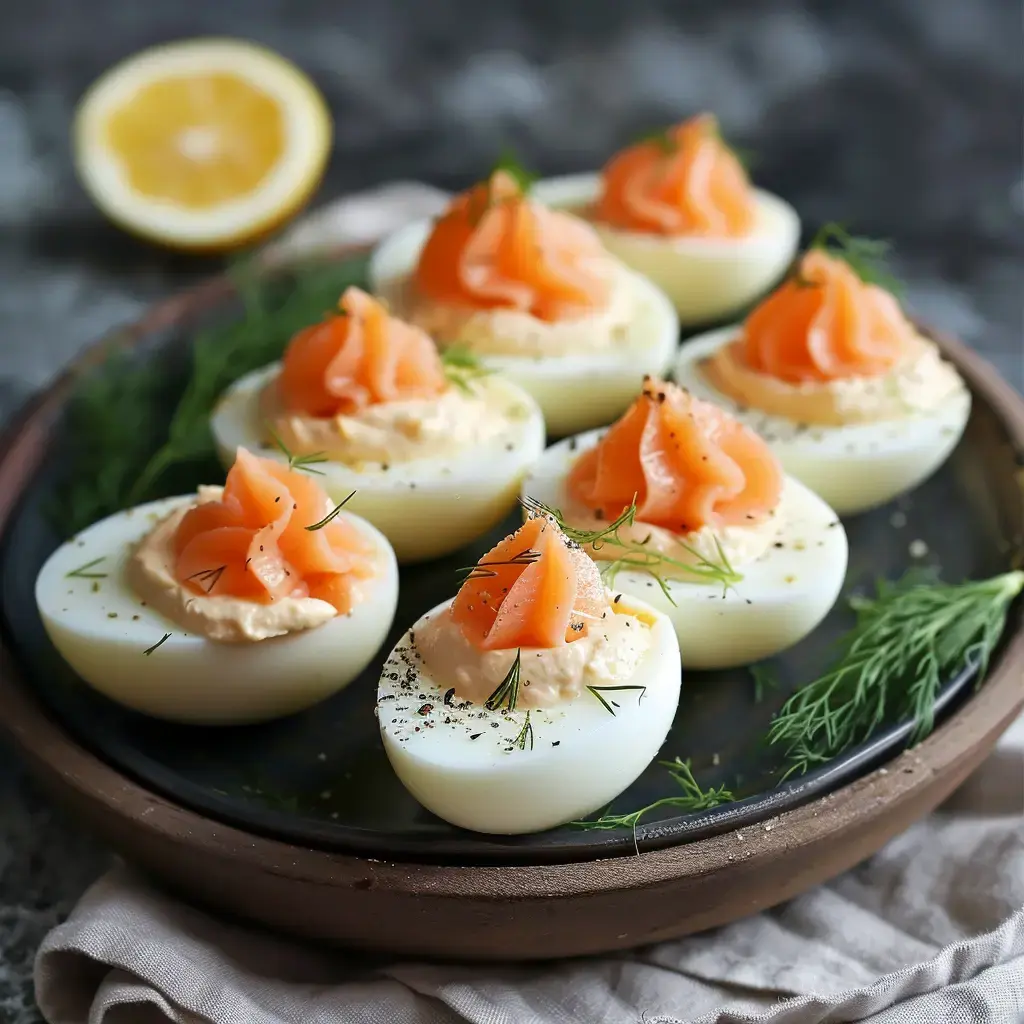 Œufs garnis de mousse de saumon avec de l’aneth sur une assiette noire, citron en arrière-plan.
