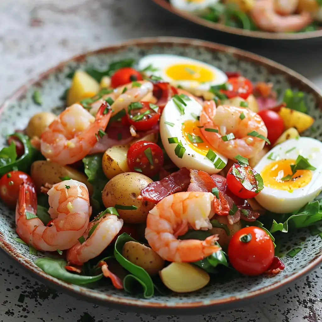 Un plat coloré de pommes de terre fondantes, crevettes roses, œufs durs, tomates, lard croustillant et herbes fraîches.