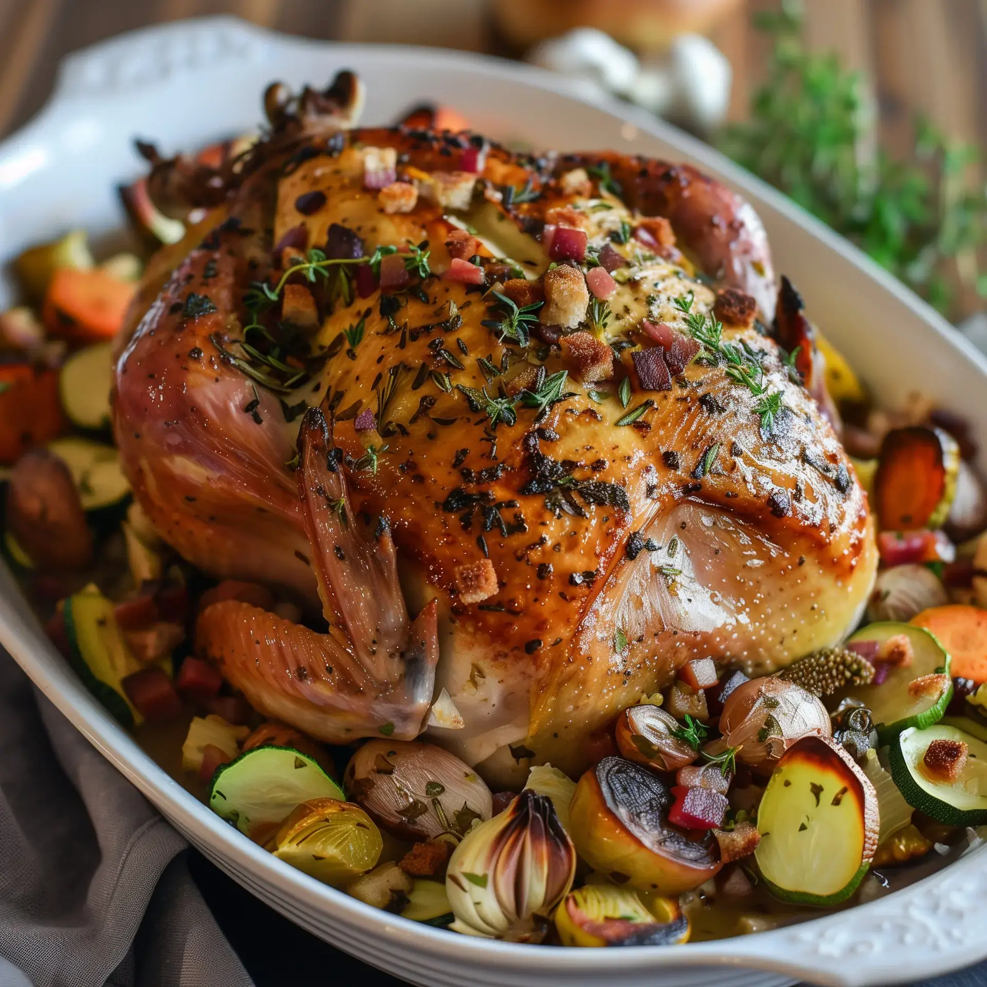 Une dinde joliment dorée, enveloppée de fines herbes et lardons, trône sur un lit de légumes colorés prêt à être servi.