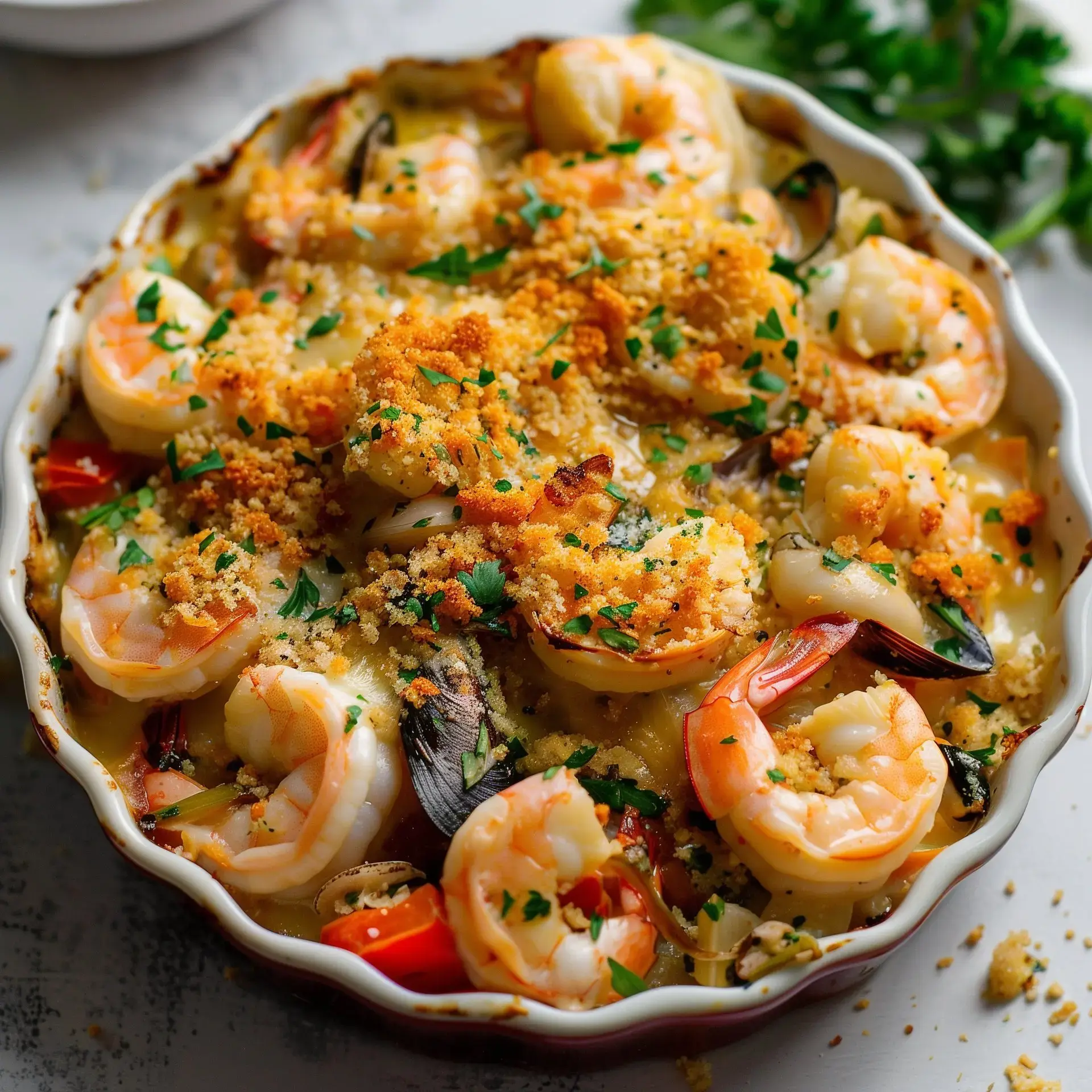 Gratin de fruits de mer avec crevettes, moules et croûte dorée, décoré de persil frais.