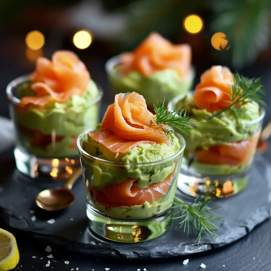 Verrines garnies de mousse d'avocat et saumon fumé, décorées d'aneth frais.