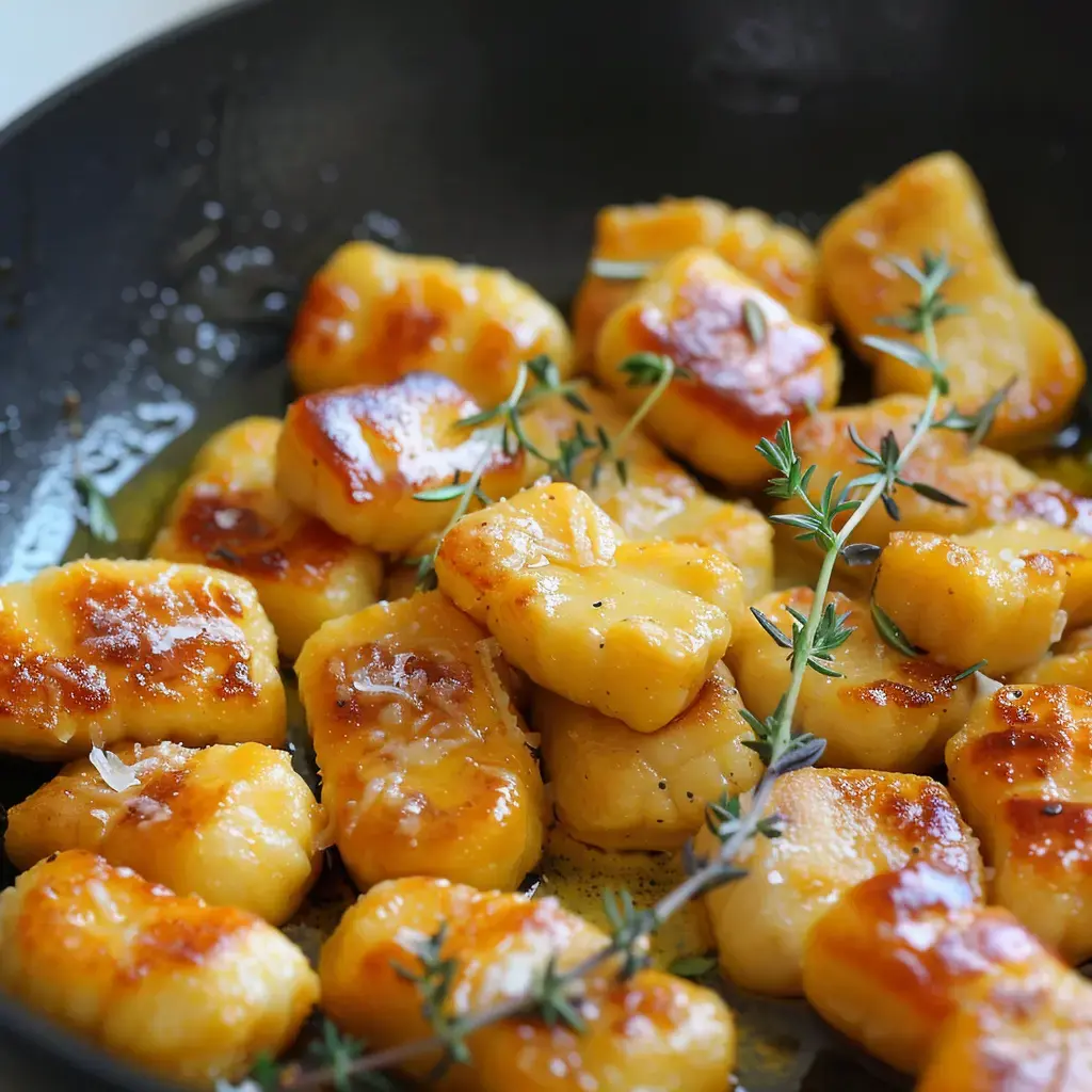 Des gnocchis bien dorés cuits avec des herbes fraîches dans une poêle en fonte.