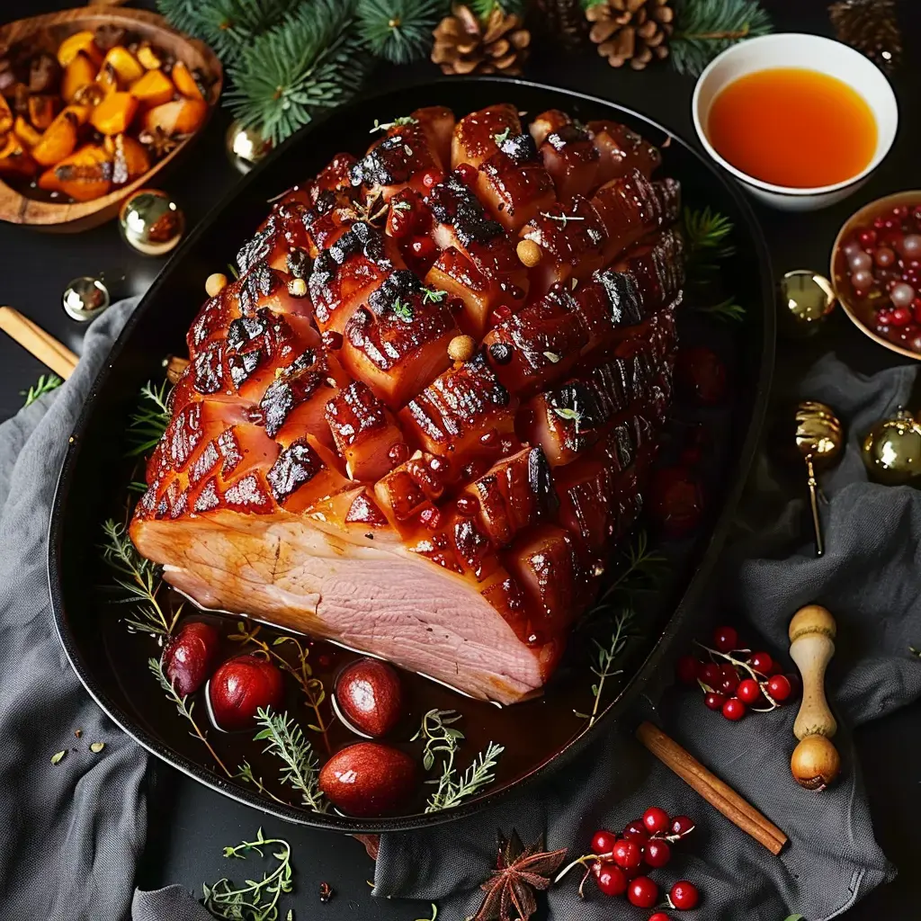 Jambon glacé joliment dressé, orné de plantes et fruits rouges dans une ambiance de fête.