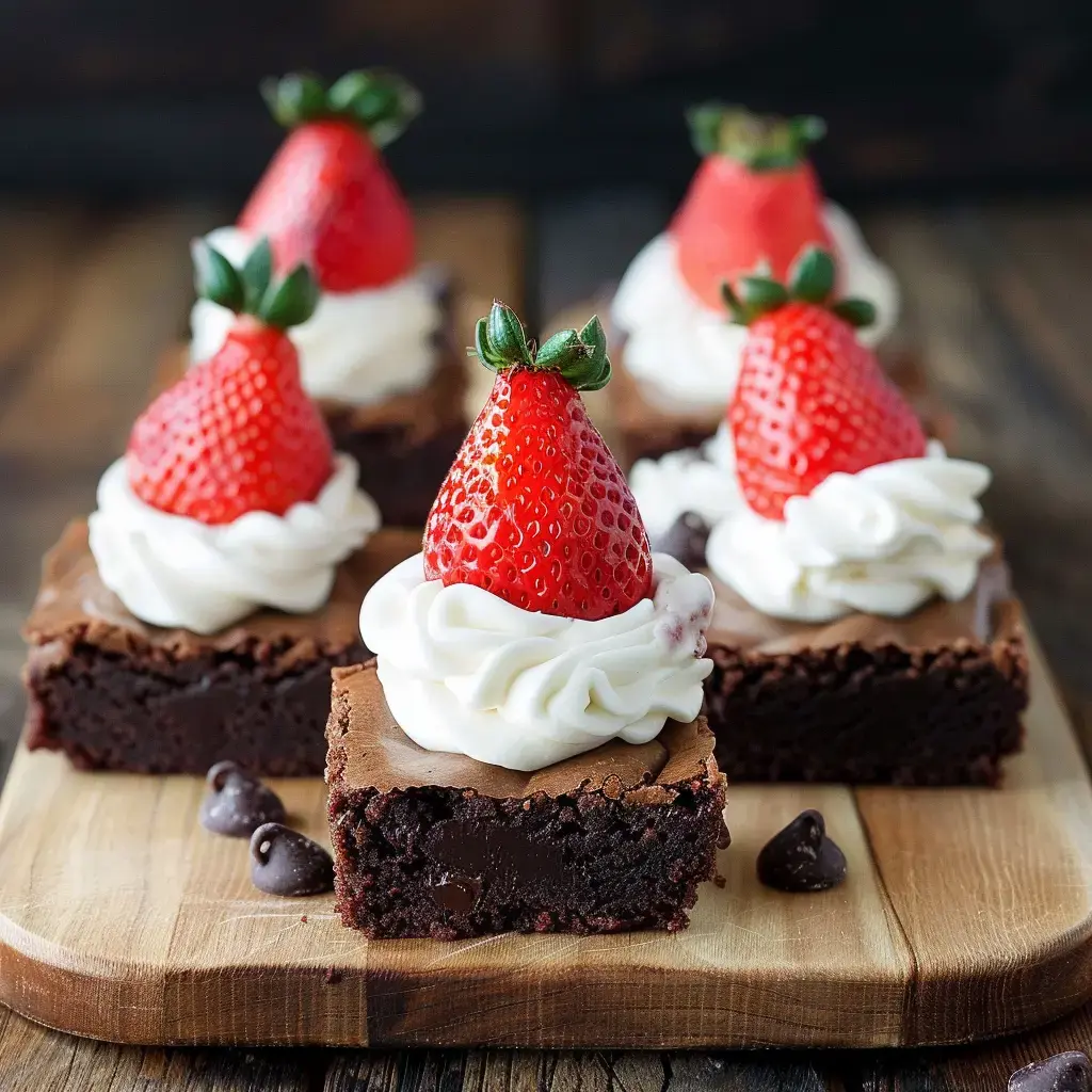 Des carrés gourmands garnis de crème montée et couronnés de fraises juteuses, posés sur une planche rustique.