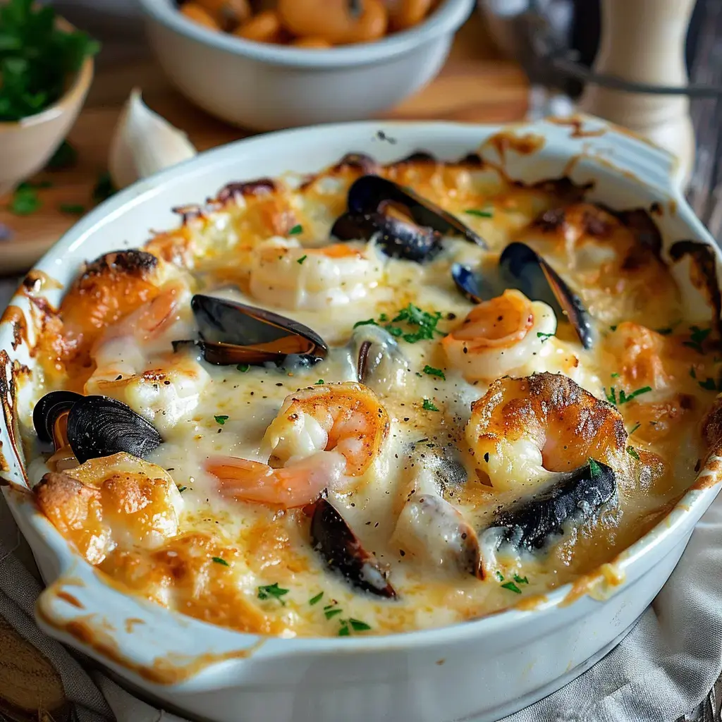 Un gratin fumant de fruits de mer parsemé de crevettes, moules et fromage fondu avec un brin de persil.