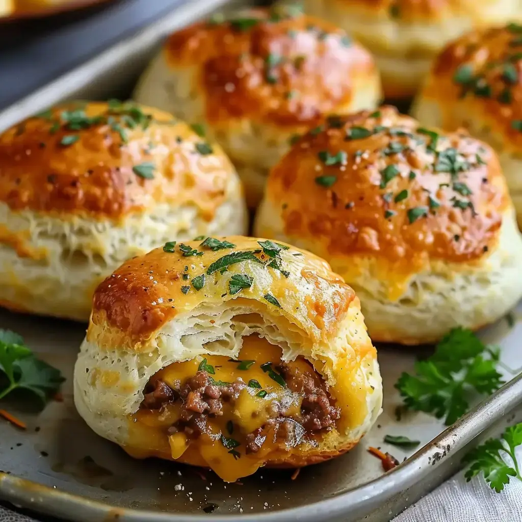 Boulettes dorées farcies de viande et fromage, parsemées de persil, présentées sur un plateau de service.
