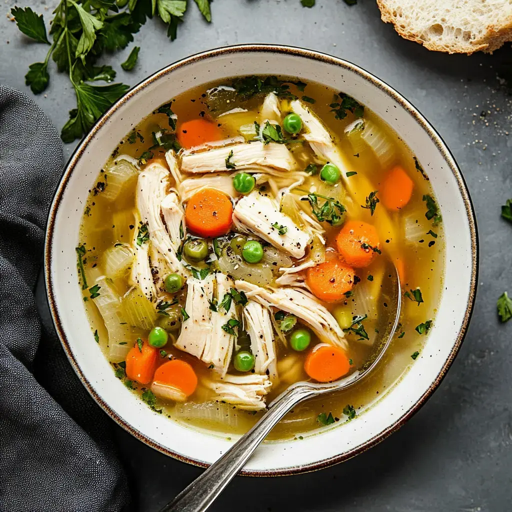 Un bouillon de volaille avec des carottes, petits pois et céleri, parsemé d'herbes fraîches.