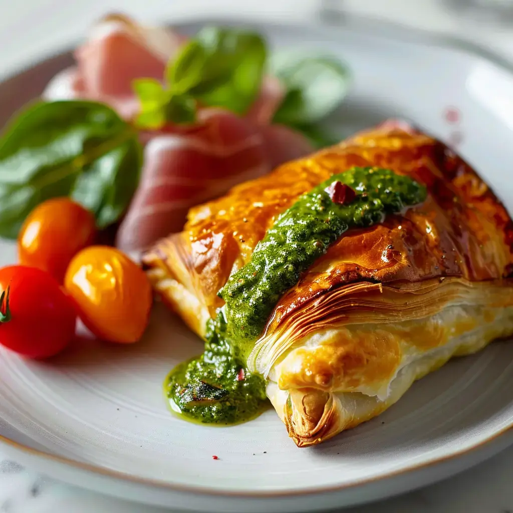 Un feuilleté gourmand au pesto, posé sur une assiette avec du jambon et des tomates fraîches.