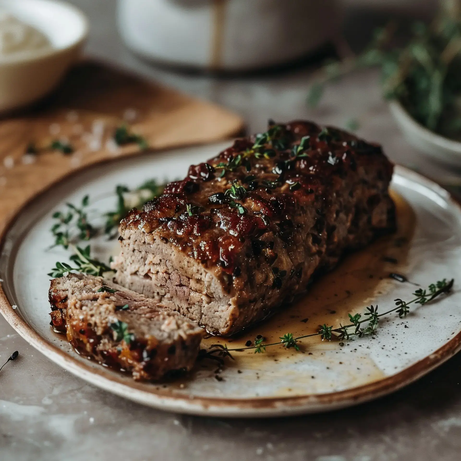 Un plat généreux de viande dorée, accompagné d'une sauce et d'herbes fraîches, avec une tranche découpée sur le côté.