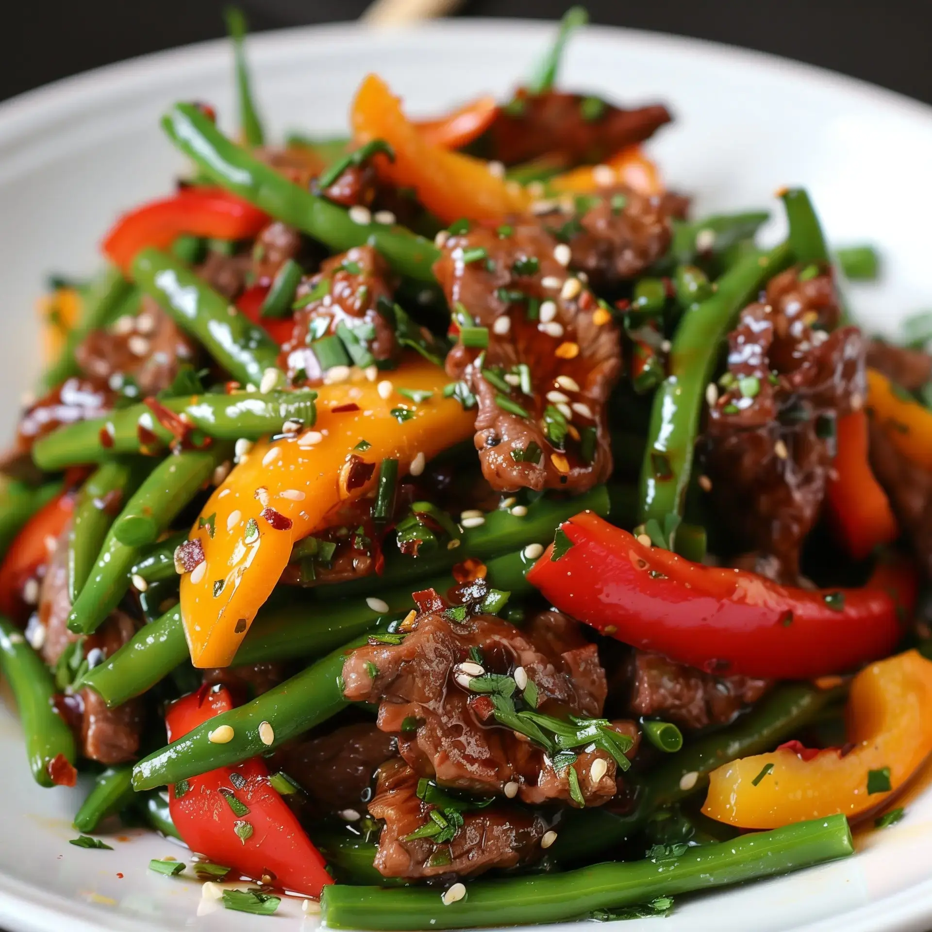 Un plat de légumes frais avec des touches de viande tendre, enrichi de sésame et d'herbes aromatiques.