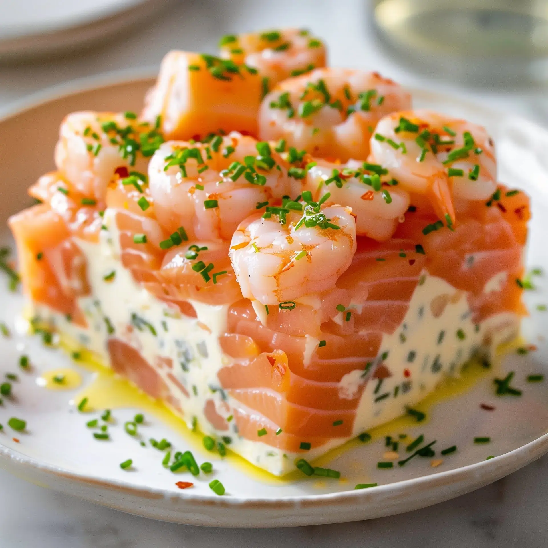 Saumon avec crevettes décoré de ciboulette sur une élégante assiette.