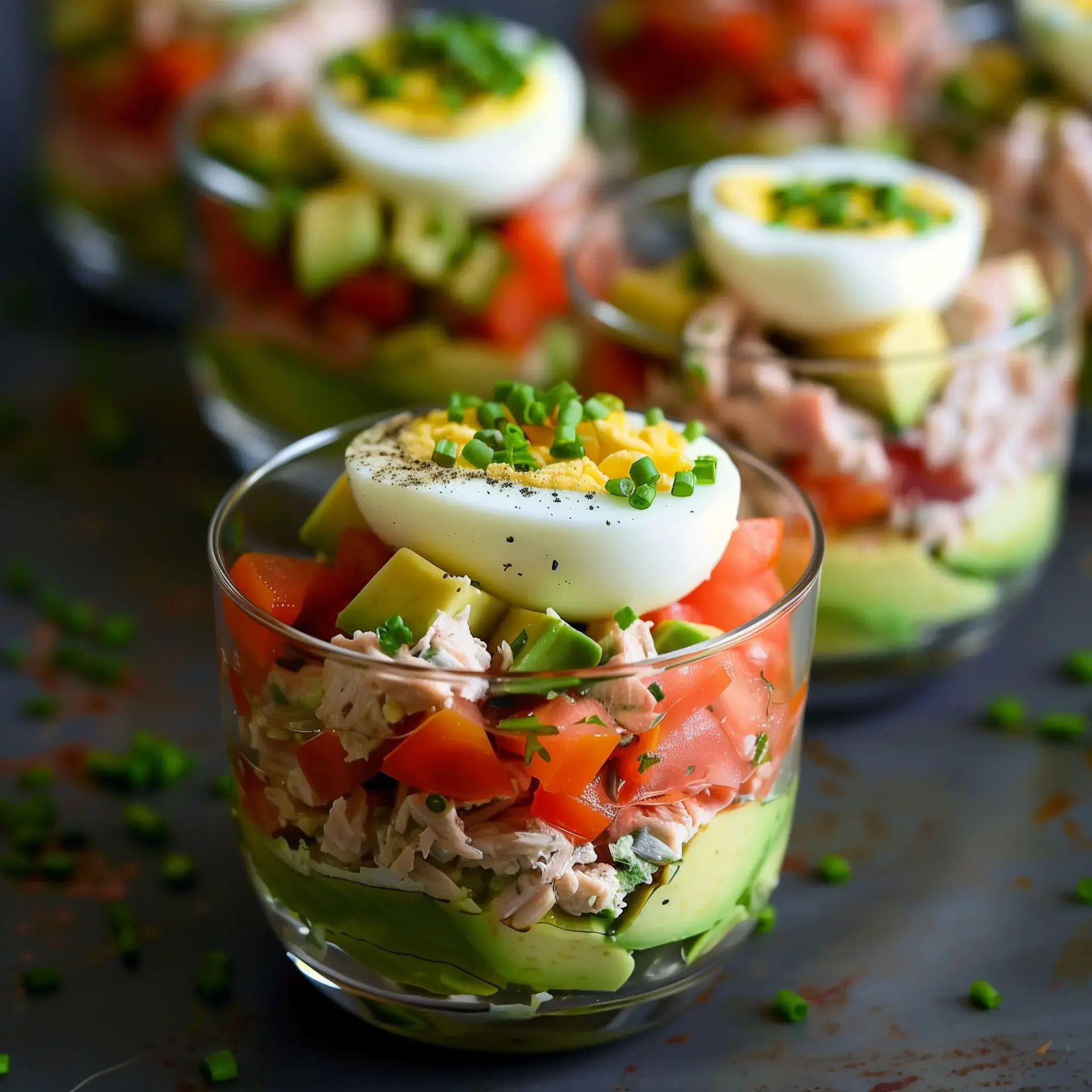Belles verrines colorées avec avocat, tomate, thon et œuf, décorées de brins de ciboulette.