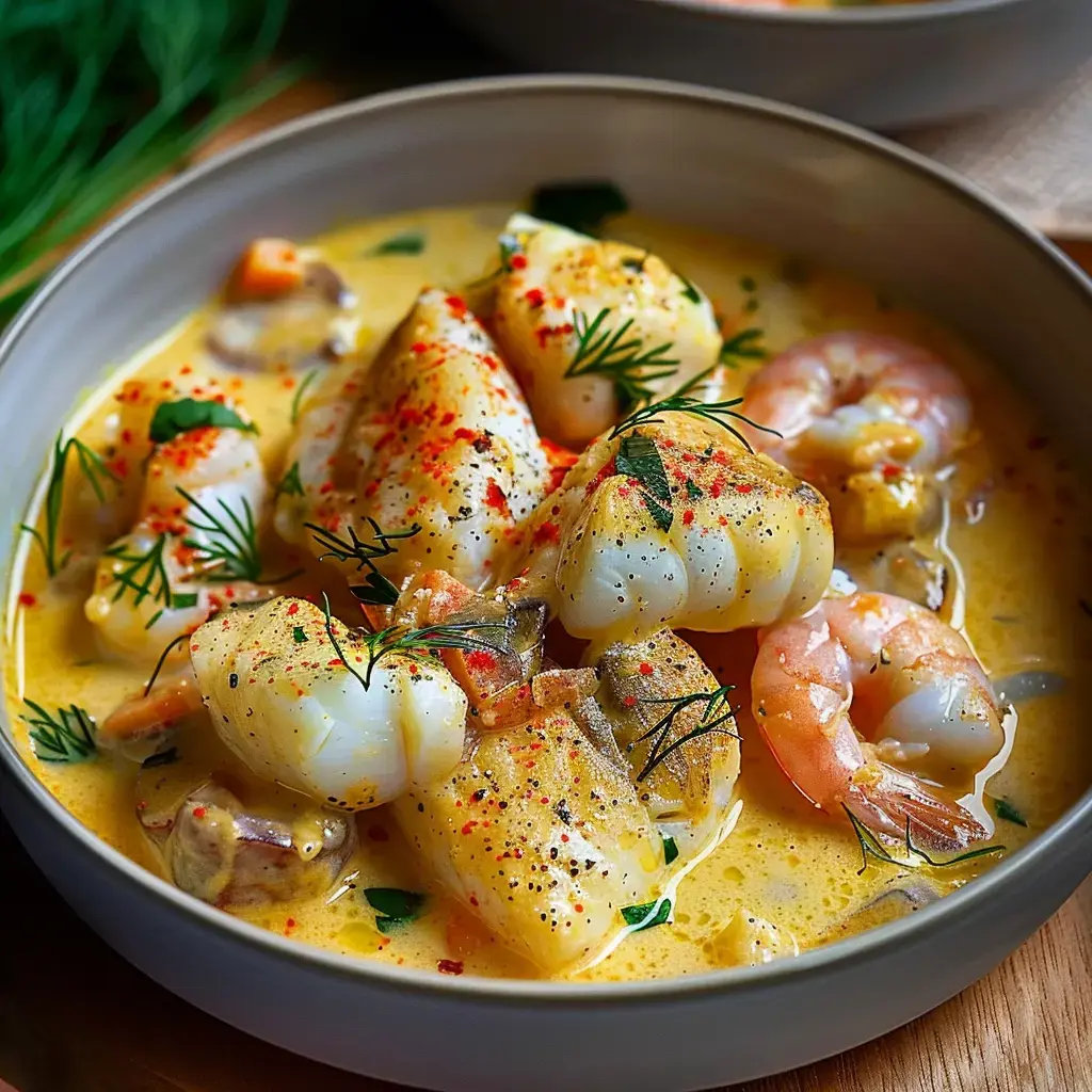 Un assortiment marin de crevettes et poisson dans une sauce veloutée, parsemé d'herbes fraîches et d'épices colorées.