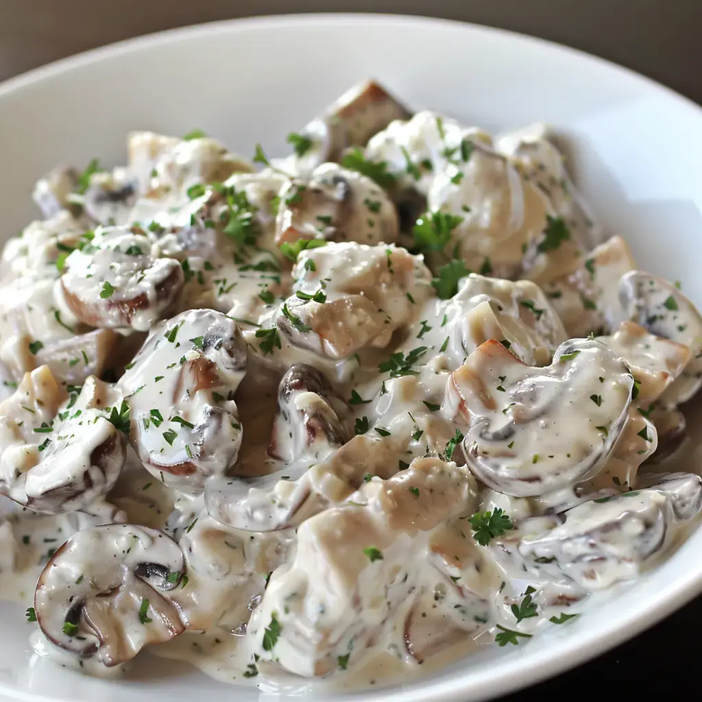 Un saladier rempli de champignons crémeux, parsemés de persil frais et appétissants.