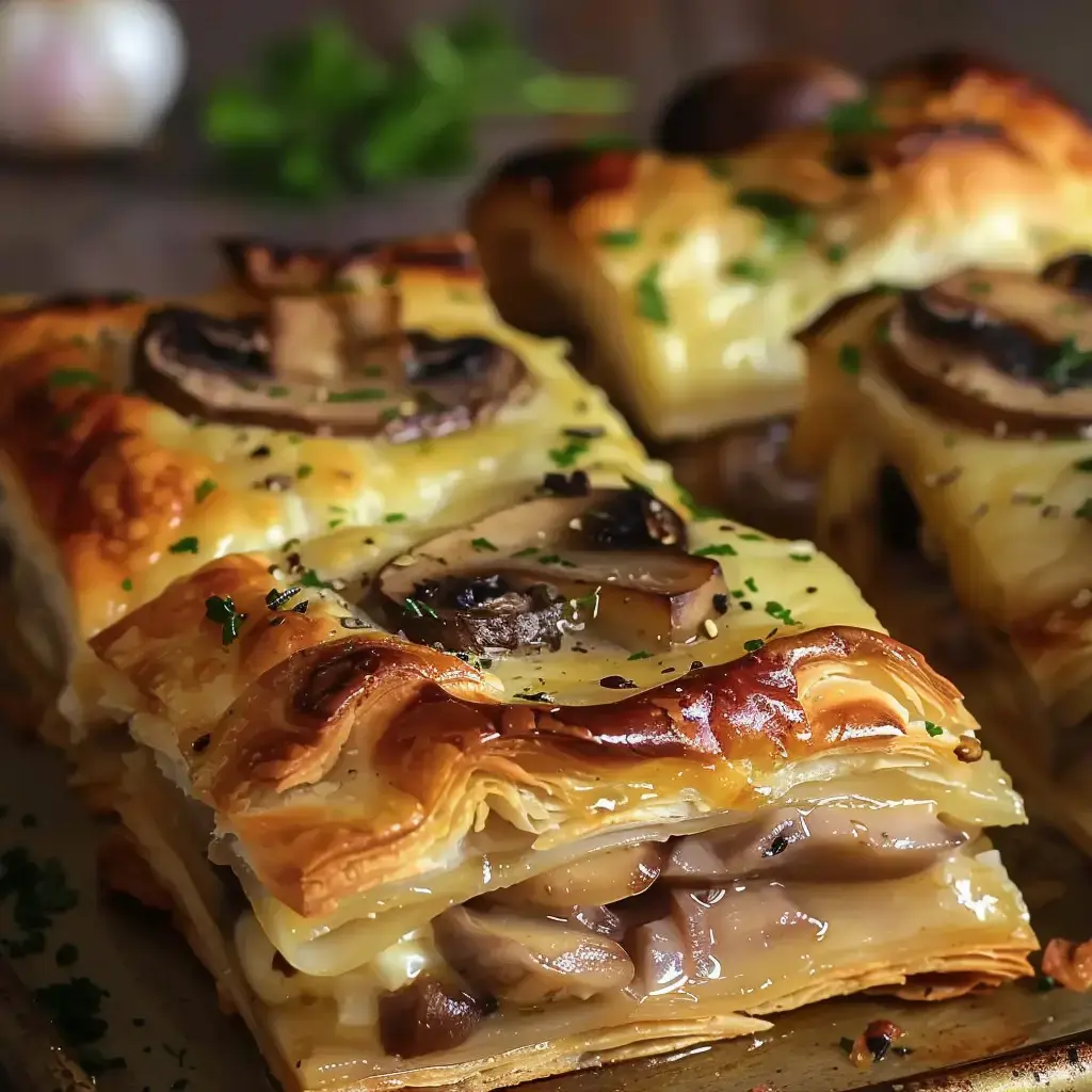 Une pâte feuilletée généreusement garnie de champignons bien assaisonnés et de fromage fondu.