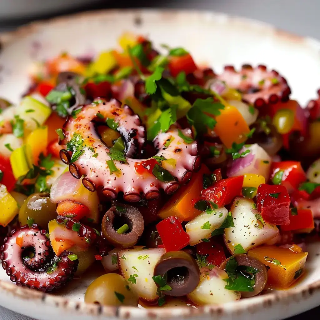 Salade multicolore avec des morceaux de poulpe, divers légumes et de la coriandre.