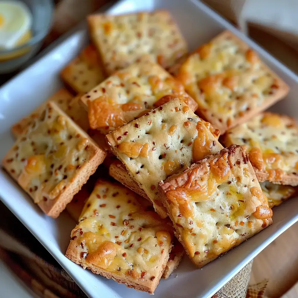 Des craquants carrés dorés avec du fromage et quelques graines, servis dans un joli plat blanc.