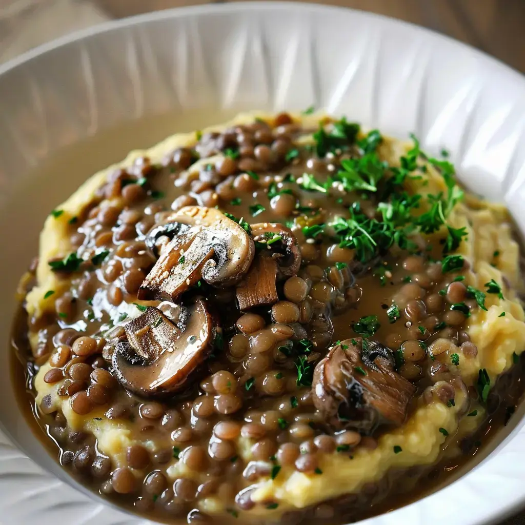 Assiette de lentilles avec sauce onctueuse, tranches de champignons et purée de pommes de terre, parsemées d'herbes fraîches.