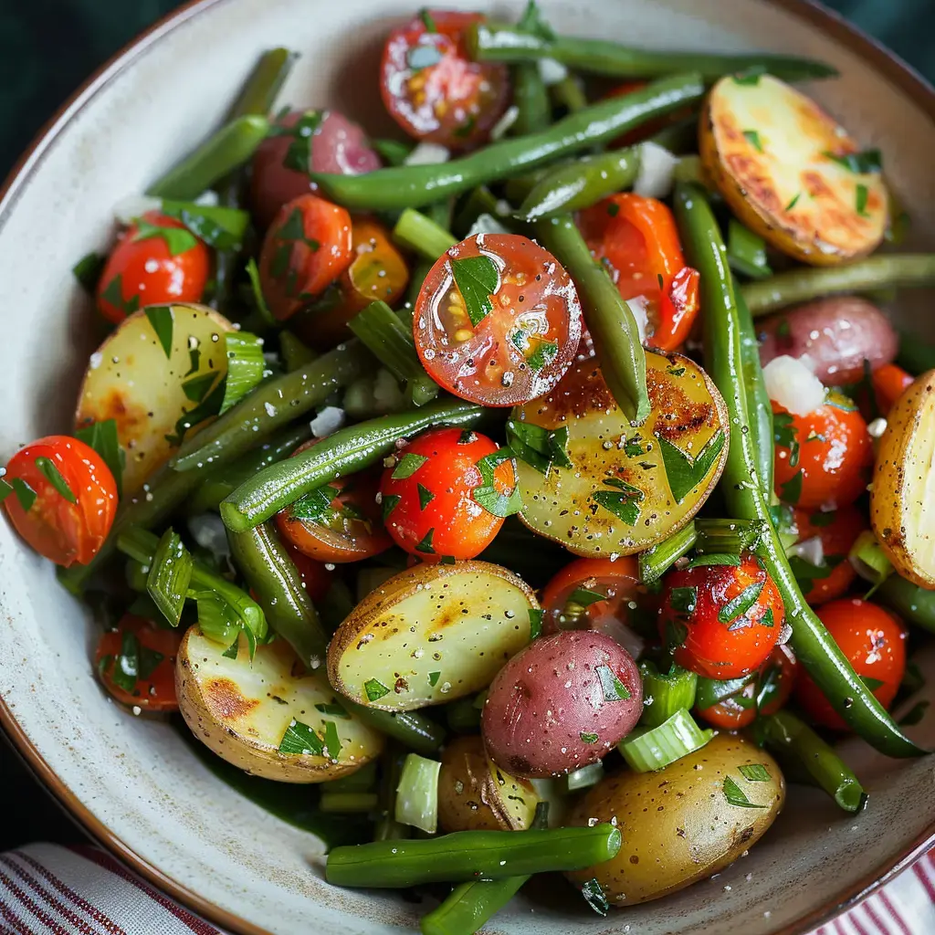 Un bol coloré rempli de haricots verts croquants, pommes de terre dorées, tomates cerises rouges et persil frais.