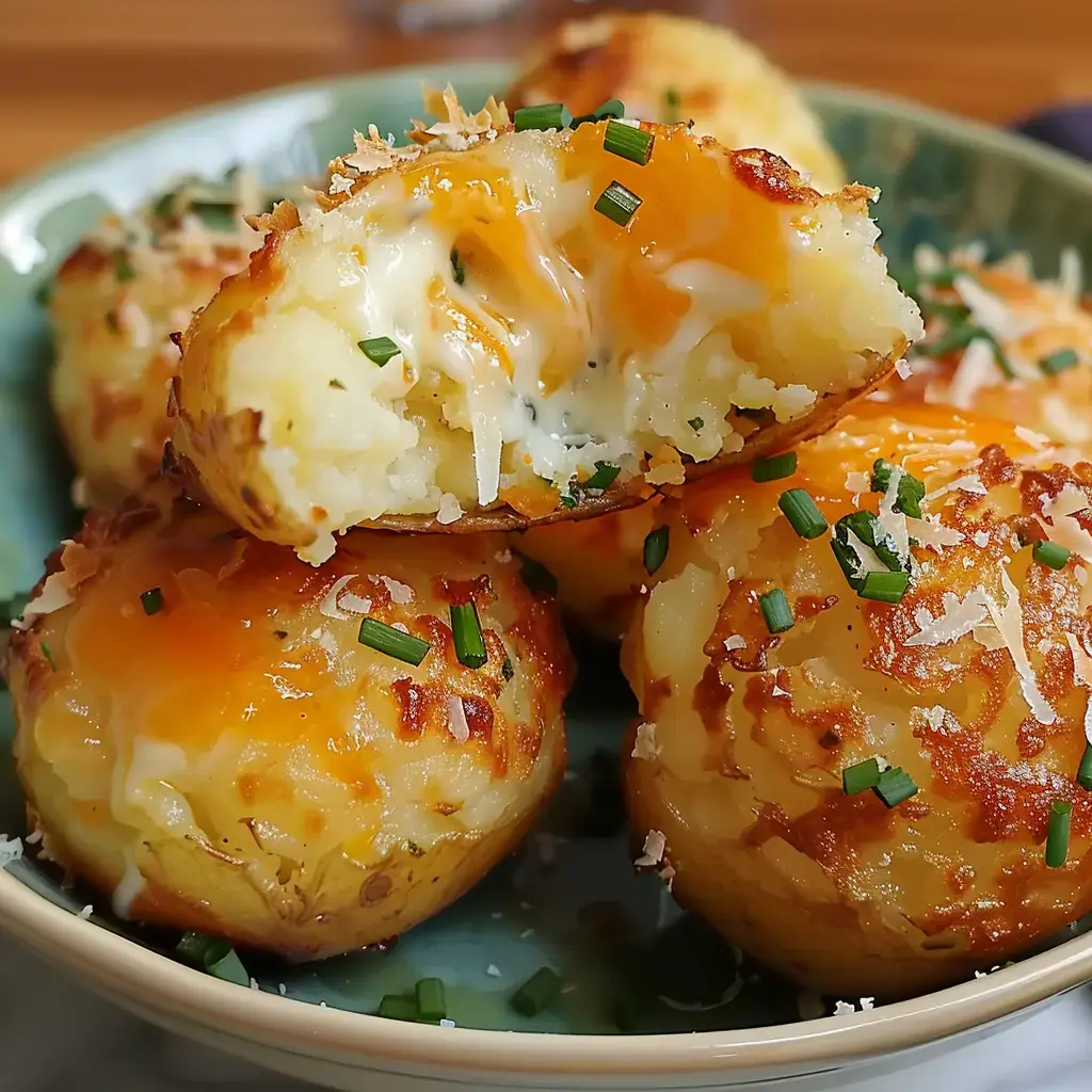 Des croquettes dorées de patates avec du fromage qui coule, parsemées de ciboulette fraîche, servies dans une jolie assiette.