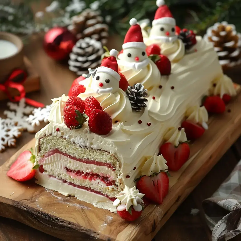 Un gâteau roulé saupoudré de sucre glace avec des petites figurines de neige, des fraises fraîches et décorations de fête sur un plateau en bois.