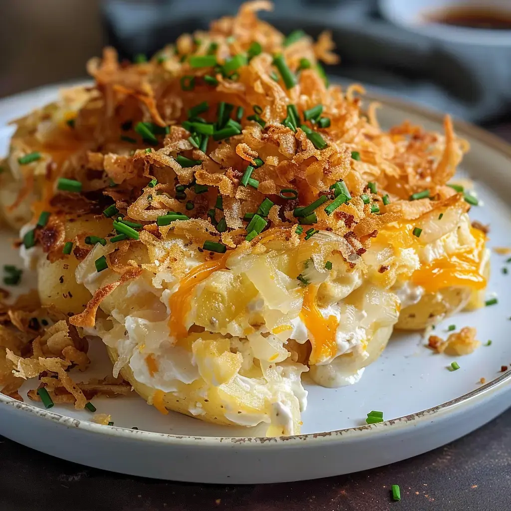 Un bol de patates au fromage avec crème fraîche, garni d'oignons dorés et parsemé de ciboulette.