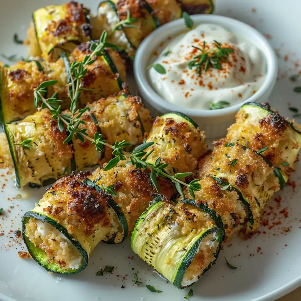 Roulés dorés aux courgettes et fromage, servis avec une sauce légère aux herbes.