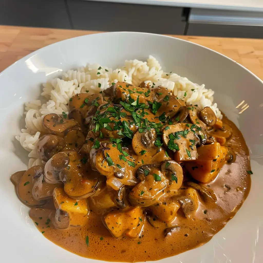Un bol de nouilles nappées de sauce aux champignons crémeuse avec des herbes fraîches par-dessus.