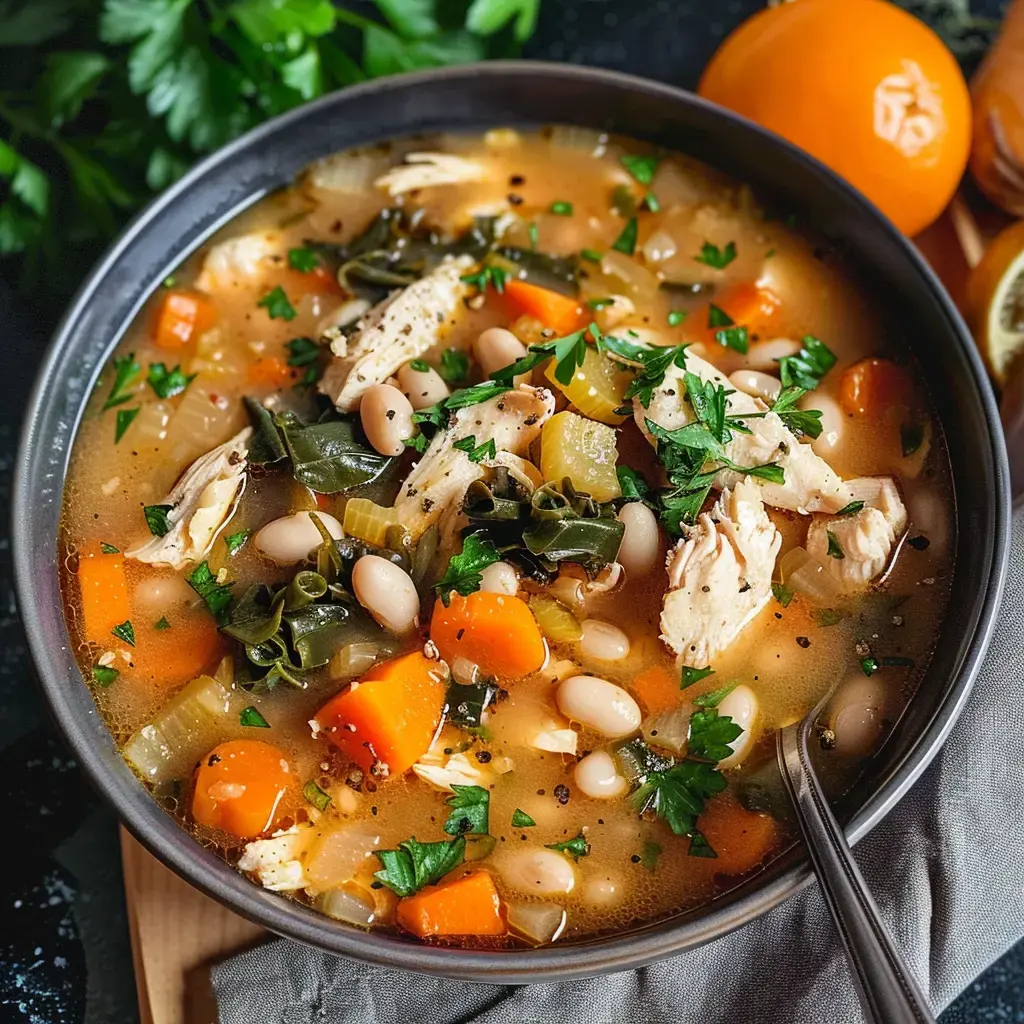Un bol gourmand mélangeant poulet tendre, haricots blancs, légumes frais et persil.