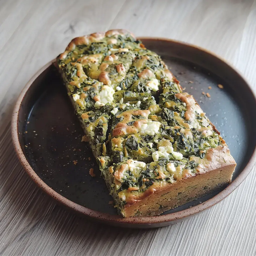 Un cake moelleux fait d'épinards et de feta, posé sur une belle assiette rustique en terre cuite.