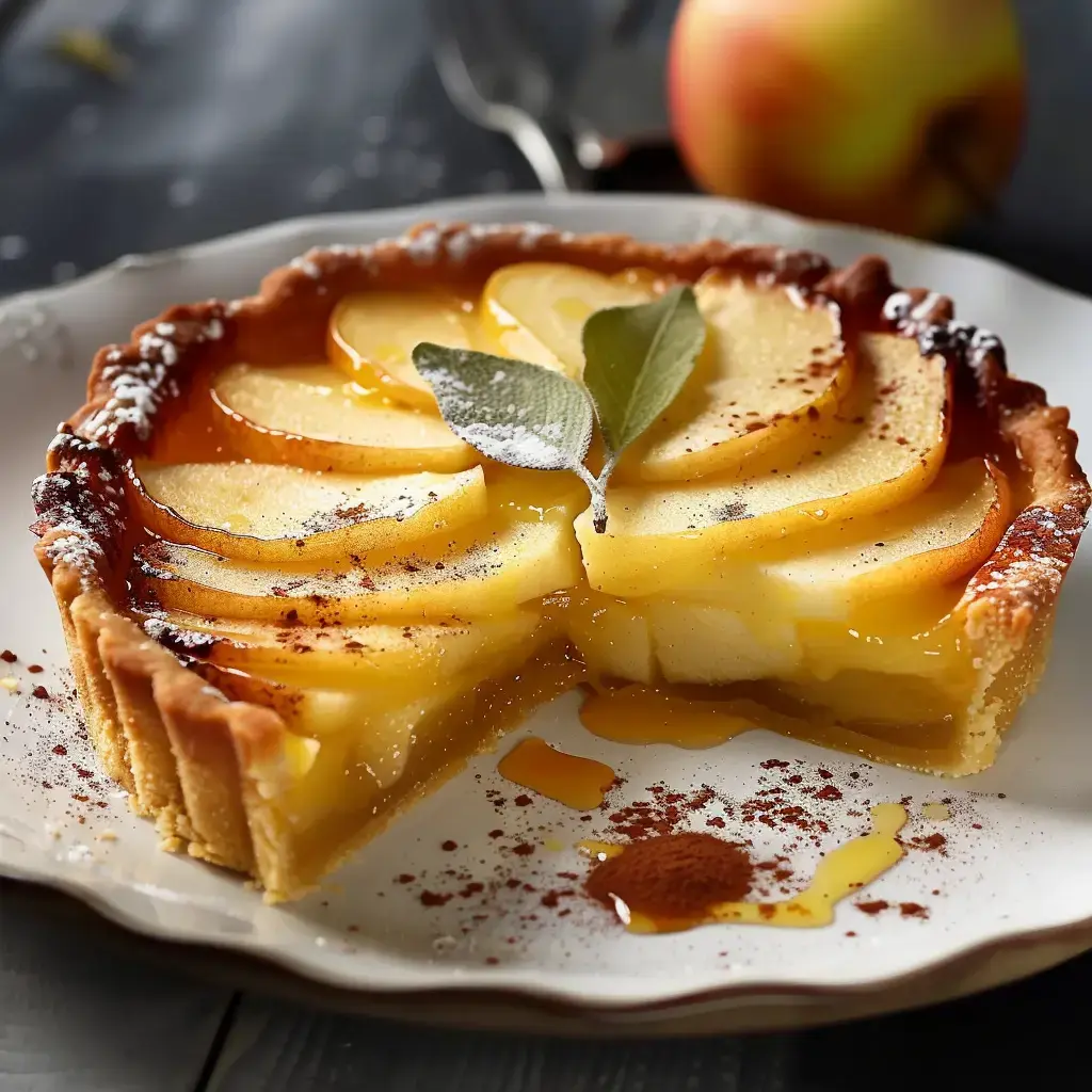Tarte aux pommes dorées avec un léger glaçage et une touche de cannelle. Présentée sur une jolie assiette.