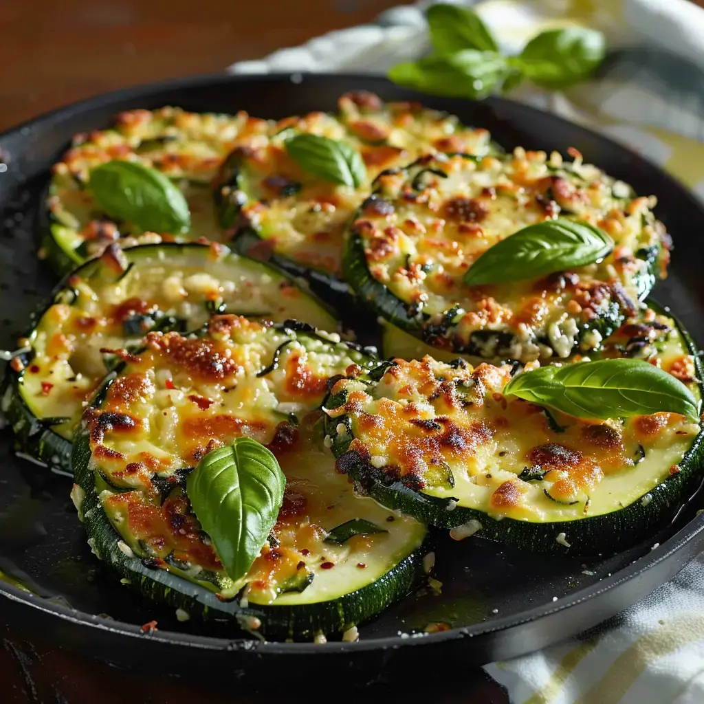 Courgettes en rondelles gratinées et garnies de basilic dans un plat sombre.