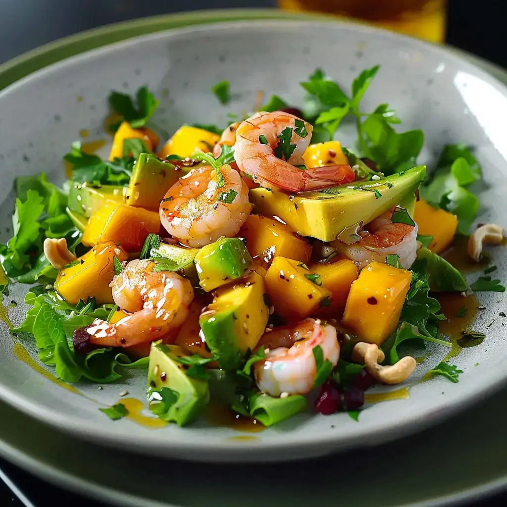 Un mélange frais d'avocats, mangue, crevettes et herbes sur lit de salade, avec une vinaigrette citronnée.
