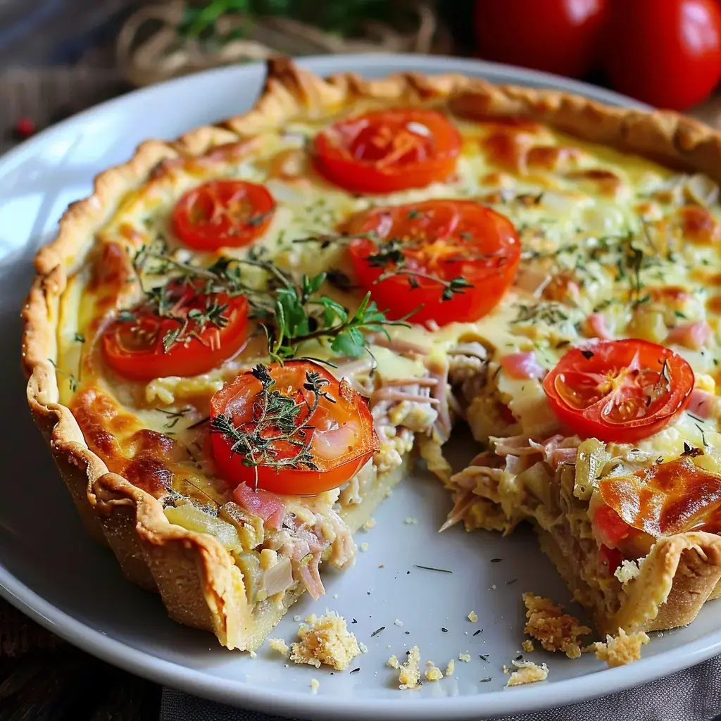 Plat au thon avec tomates fraîches, herbes et de la pâte croustillante, une part déjà servie.