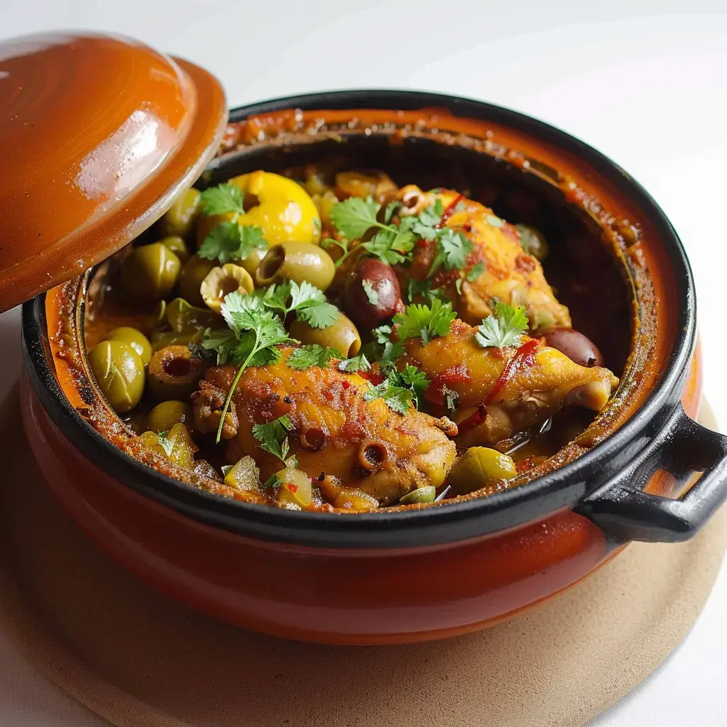 Plat chaleureux de poulet aux olives et herbes, présenté dans un plat marocain traditionnel.