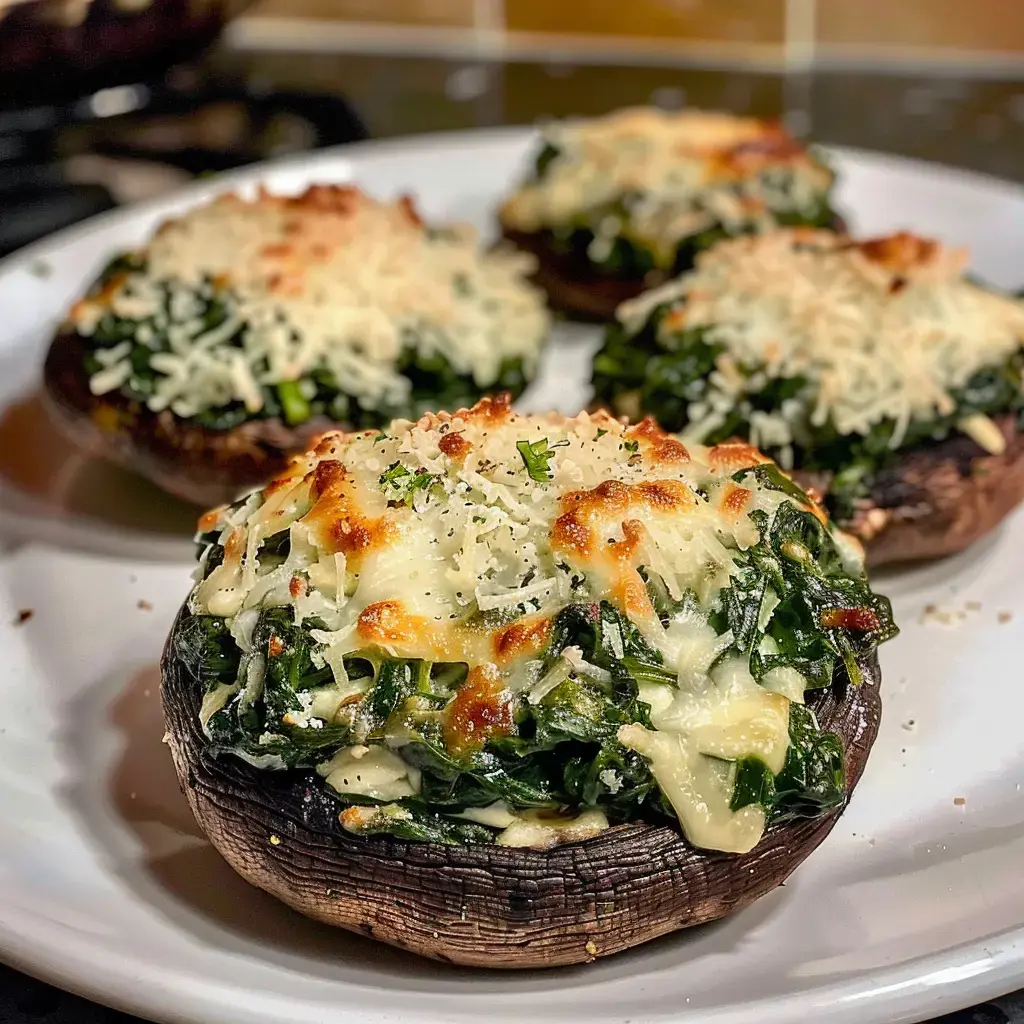 Quatre portobellos gratinés au fromage et épinards, servis sur une assiette blanche.